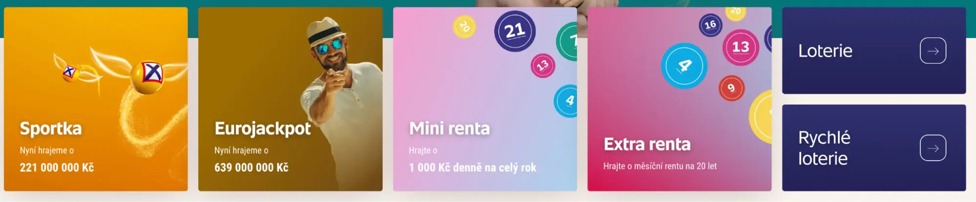 Hrajte o miliony v loteriích – Sportka, Eurojackpot a pravidelné renty Přehled aktuálních loterií: Sportka, Eurojackpot, Mini renta a Extra renta